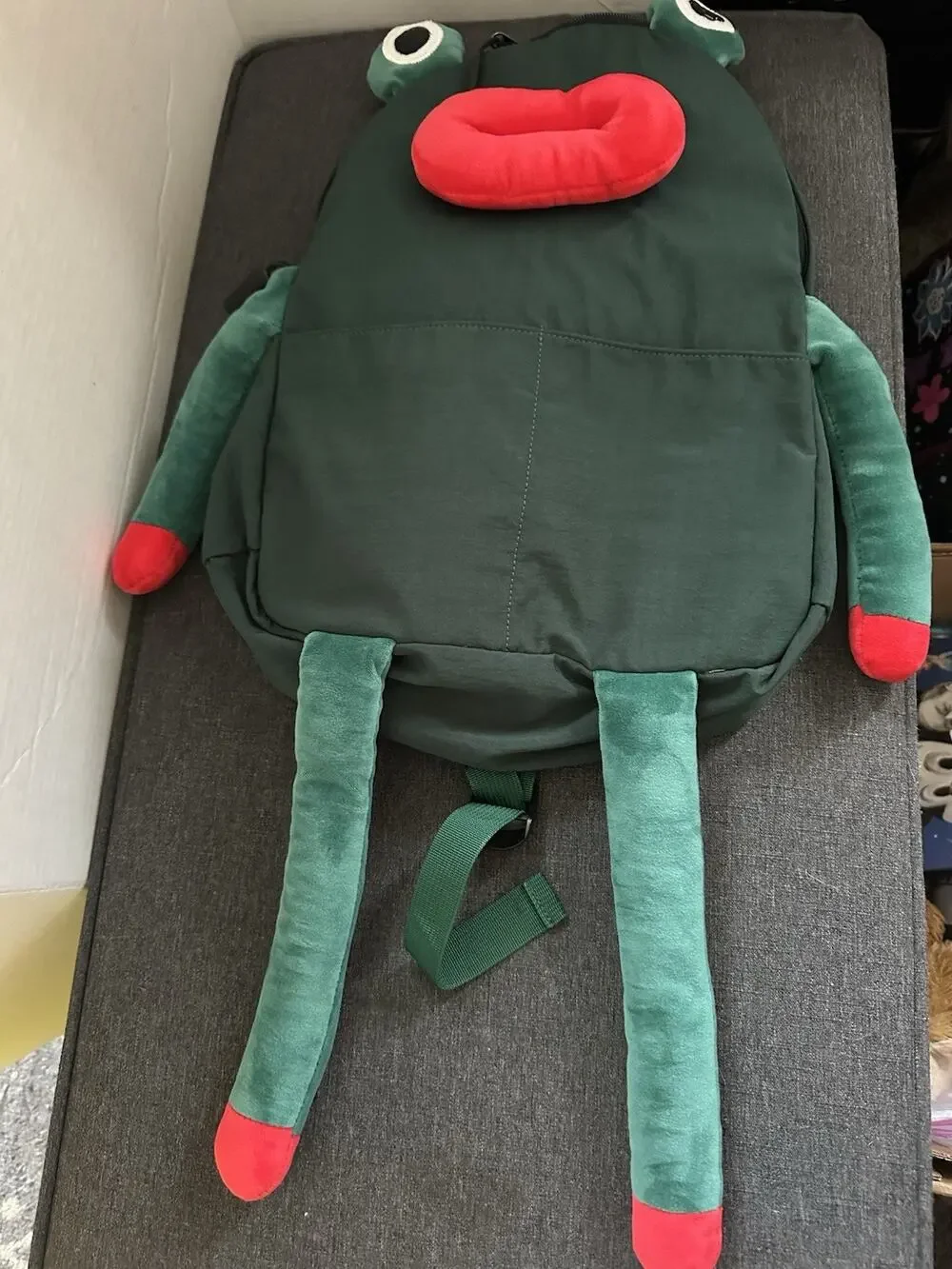 Green Frog Backpack Plush Long Legs Red Lips Eyes Kids Novelty Character Bag